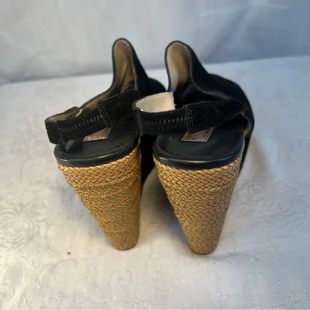 Rose Gold Shoes Lars Black Suede Peep Toe Woven 5” Wedge Heel Strap 37.5/7